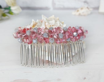 Pink Cherry Quartz hair accessories Pink crystal hair comb wedding Bridesmaid bead comb Birthstone jewelry sister gift Stone jeweled comb