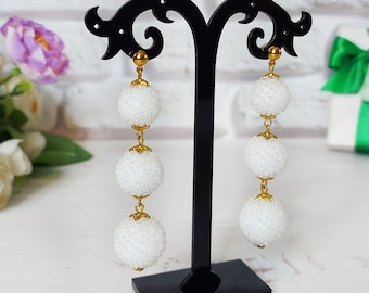 White gold seed bead earrings White ball drop earrings Cluster beaded earrings Long balls earrings modern Wedding dangle drop earrings women
