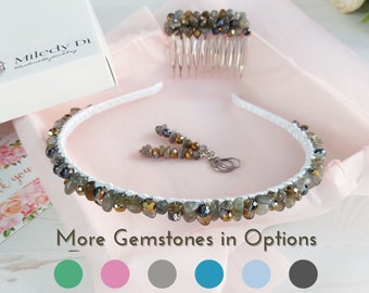 Labradorite crystals hair jewelry set, Birthday daughter gift, Gemstone bead headband crown, Bling grey hair comb, Stacked threader earrings