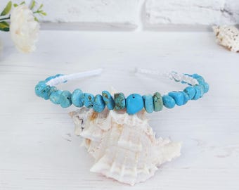 Turquoise gemstone hair piece Teal beaded crown headband Birthstone crystal headpiece Fairy minimalist tiara Turquoise women jewelry gift