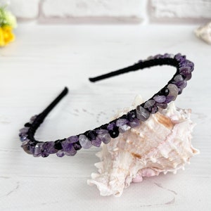 Genuine Amethyst crown Purple black gemstone hair piece Gothic Wedding Amethyst stones headband Witchy crystals headpiece Bling fairy crown