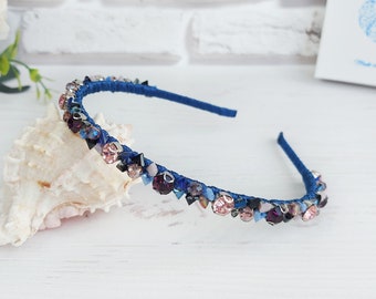 Navy blue pink crystal crown for wedding, Rhinestones sparkle hairband, Jeweled bridal hair piece, Bling headband women, Hair accessories