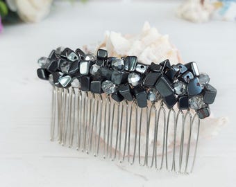 Hematite crystal hair comb Jeweled beaded headpiece women Witch hair jewelry Gothic wedding bridal hair clip Gemstone hair piece for Prom