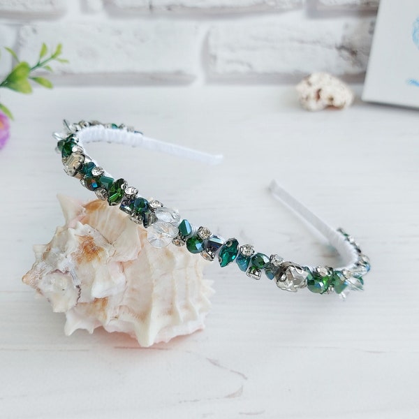 Sparkle rhinestones headband, Crystals emerald green crown, Wedding bling hair accessories, Jeweled bridal hair piece, Embellished hairband