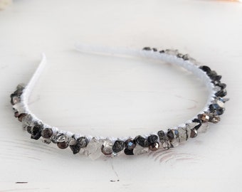 Black white gemstone hair piece, Rutile Quartz crystal jewelry, Gothic wedding bridal thin crown, Minimalist bead headpiece, Stone headband