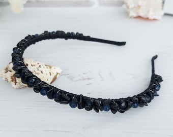 Edelstein Schwarzer Achat Krone Dünnes Braut Kristall Stirnband Gothic Perlen Kopfschmuck Verziertes Haarteil