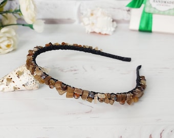 Brown boho wedding headpiece, Minimalist embellished headband, Gothic witchy crown, Handmade beaded hair piece, Birthday crystal tiara women