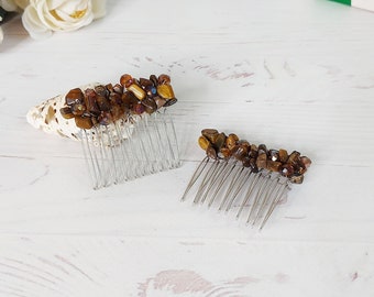 Boho wedding mini hair combs, Tiger's Eye hair jewelry, Bridesmaid jeweled hair accessories, Brown crystal hair clip, Bead stone headpiece