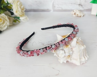 Pink Quartz hair accessories, Cherry Quartz headband, Jeweled bead hairband, Pink gemstone crystals tiara crown, Boho headpiece wedding girl