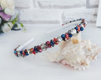 Blue Red Rhinestones tiara, Shiny crystals crown wedding, Bling modern hair band, Beaded luxury headpiece bridal, Embellish sparkle headband