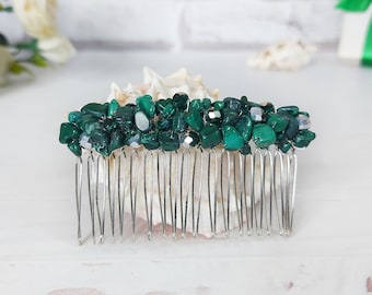 Malachite gemstone hair accessories Emerald Green silver crystals hair comb Bridal beaded hair clip Gothic wedding comb Jeweled hair piece