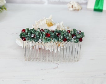 Green Spotted Jasper hair jewelry, Boho Wedding hair accessories, Green bead headpiece, Gemstone crystal hair comb, Christmas hair clip girl