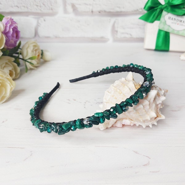 Malachite jewelry for hair, Women boho wedding crown, Gemstone emerald green headband, Malachite crystals crown, Bridal jeweled hair piece