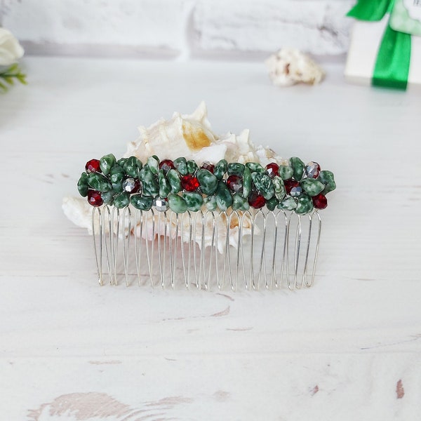 Green Spotted Jasper hair jewelry, Boho Wedding hair accessories, Green bead headpiece, Gemstone crystal hair comb, Christmas hair clip girl