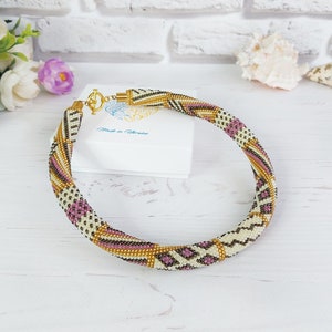 Bohemian handmade beading necklace, Geometric beige gold beadwork choker, Seed bead crochet rope necklace women, Bead choker necklace gift