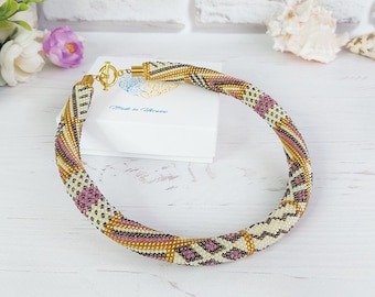 Bohemian handmade beading necklace, Geometric beige gold beadwork choker, Seed bead crochet rope necklace women, Bead choker necklace gift