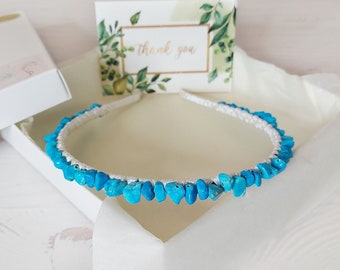 Turquoise blue headpiece Birthday gift daughter Bead embellished headband crown December Birthstone mom gift Teal minimalist thin hairband