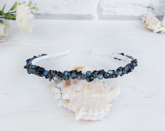 Black beaded bridal crown Gothic women headband Black crystals Obsidian hair piece Bling sparkle hairband Halloween wedding witchy headpiece