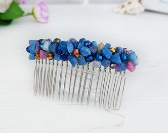 Colorful turquoise blue crystals hair piece for wedding, Blue gemstone hair clip, Beaded bridal hair comb, Boho stone comb, Jeweled clip