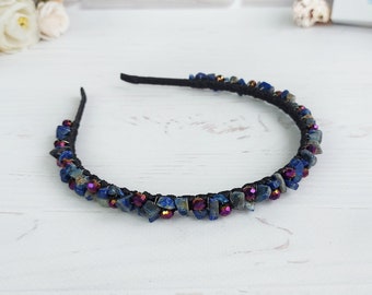 Diadema de lapislázuli, tocado de cristal azul marino para mujer, tocado gótico para novia, corona de cuentas para adultos, accesorios para el cabello