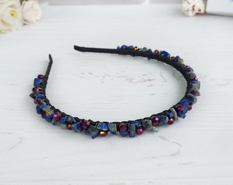 Cerchietto con pietre preziose in lapislazzuli, copricapo con cristalli blu navy per donna, accessorio per capelli da sposa in stile gotico, corona di perline per adulti, accessori per capelli