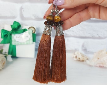 Tiger eye Brown silky tassel earrings, Gemstone jewelry, Long dangle earrings, Gypsy fringe earrings, 30th Birthday gift for best friend