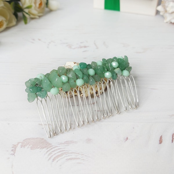 Crystal comb, Green Jade jewelry women, Bead hair comb, Wedding hair accessories, Bridal gemstone hair clip girl, Bridesmaid gift headpiece