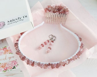 Gemstone Strawberry Quartz jewelry set, Mother's Day sister gift, Pink crystals headband hair comb earrings, Beaded Birthday hair piece girl