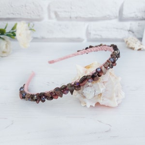 Rhodonite jewelry, Gemstone hair piece, blush pink headband, Boho wedding crystals hair accessories, Jeweled dainty crown, Beaded headpiece