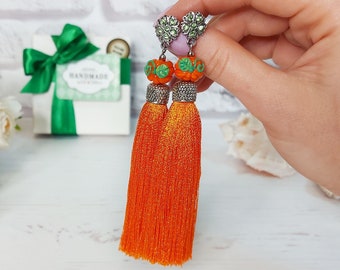 Silk tassel earring, Orange Pumpkin earrings for Halloween, Birthday gift girl, Fall earrings, Autumn Spooky jewelry, Dangle gothic earrings