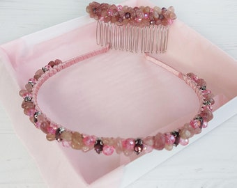 Gemstone crystal headband crown Strawberry Quartz beaded hair piece Pink stones hair comb Sparkle hair clip Bridal headpiece