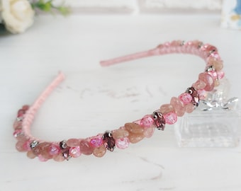 Pink crystal headbands for women, Bling stone crown, Strawberry Quartz gemstone hair piece, Sparkle beaded bridal headpiece