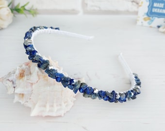 Lapis Lazuli hair piece Navy blue gemstone headpiece Bridal boho wedding beaded crown Blue crystals headband women Stones hair accessories