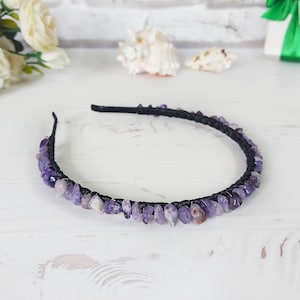 Gothic witch headband, Purple black beaded hair accessories, Gothic wedding crown bride, Amethyst crystals hair piece, Gemstone hair jewelry