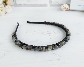 Labradorite crystal headband crown for Gothic wedding, Witch hair accessories, Black bridal hair piece, Beaded stone tiara for women gift