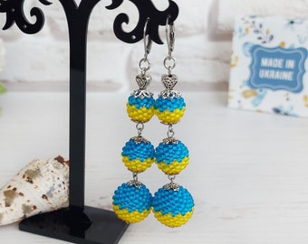Yellow blue ball drop earrings, Long dangle earrings, Handmade seed beaded cluster earrings, Ethnic Ukraine flag earrings Patriotic gift