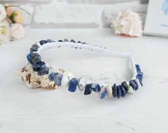 Sodalite hair jewelry Blue crystal headband Navy gemstone hair piece Minimalist beaded tiara crown Fairy headpiece Modern everyday hair band
