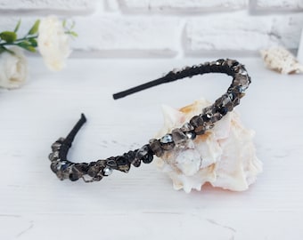 Black crystal Headband, Gemstone tiara, Black bead crown for gothic wedding, Smoky Quartz bling hair jewelry, Jeweled witch hair piece women