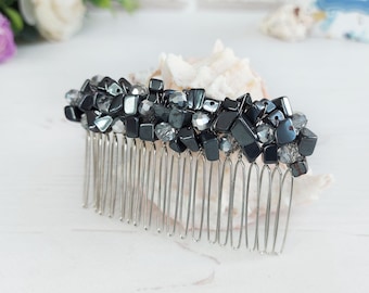 Pente de cabelo com cristal de hematita, adorno de cabeça com contas e joias, acessório de cabelo de bruxa, presilha de cabelo gótica para noivas, peça de cabelo com pedras preciosas para baile de formatura.