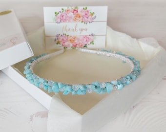 Blue gemstone headband Aquamarine women hair jewelry Classic wedding headpiece Bridal crystals crown Beaded hair piece Stone dainty headband