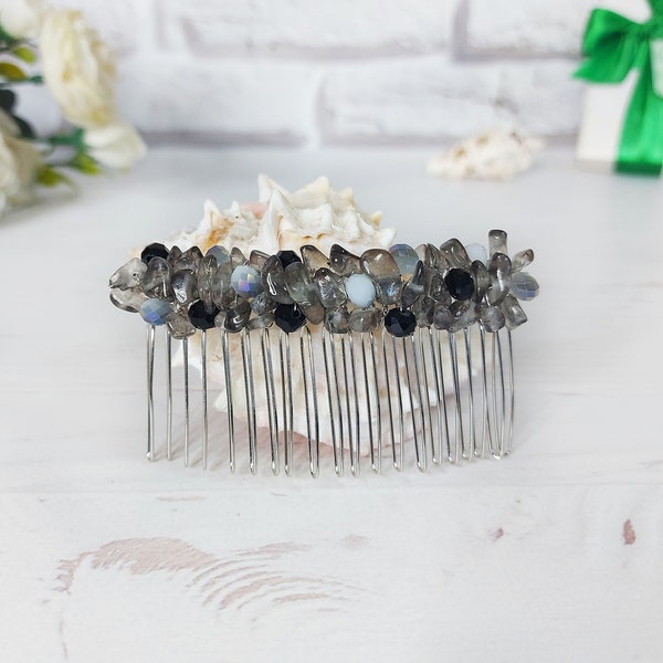 Gemstone Smoky Quartz hair accessories, Boho wedding hair clip, Bridal hair comb, Gothic wedding hair piece, Black crystal headpiece women