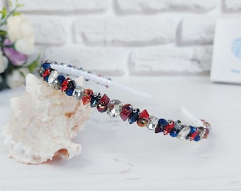 Blue red rhinestones tiara crown wedding, Bling modern hair band, Bridal crystals headpiece, Embellished sparkle headband, Beaded hair piece