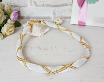 White gold seed beaded crochet necklace, Classic white wedding geometric beading rope necklace, Bridal beadwork modern choker necklace
