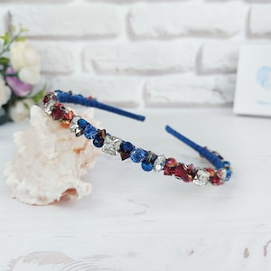 Blue burgundy rhinestones headband, Bling crown adult, Navy blue red crystal wedding tiara girl, Trendy bridal headpiece, Sparkle hair piece