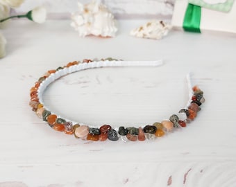 Tiara fina boho, coroa de contas, tiara de cristal feminina, joia de cabelo colorida de jaspe para baile de formatura, acessório de cabelo com pedra preciosa para festivais, acessório de cabelo com pedra para o dia a dia.