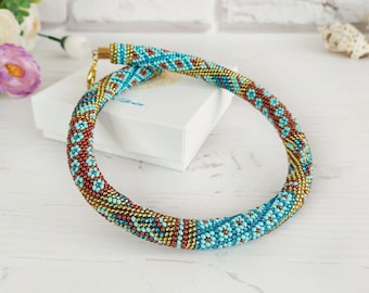 Blue mint gold seed bead crochet necklace Beading rope chunky necklace Birthday women gift Bohemian Patchwork jewelry Beadwork modern choker