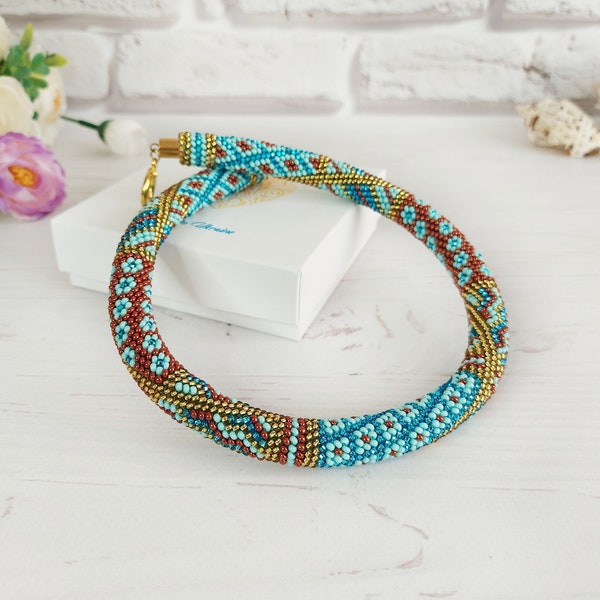 Geometric Seed bead crochet rope necklace Statement beading chunky necklace women Blue mint beadwork chocker necklace Anniversary gift wife