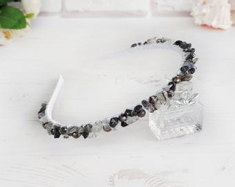 Haarschmuck aus Rutilquarz, gotisches Hexen-Haarband, Feenkrone, dünnes schwarzes und weißes Kristall-Haarband, Naturstein-Haarschmuck, Geschenk für Frauen