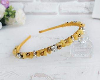 Corona sottile di cristalli d'oro, copricapo da sposa Bling, corona di tiara da sposa da spiaggia, accessori per capelli con pietre preziose di quarzo giallo, pezzo di capelli per ragazza con perline