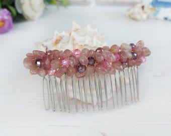 Erdbeer Quarz Edelstein Haarspange Hochzeit Kristall Haarkamm Bling Braut Haarschmuck Rosa Perlen Kopfschmuck Frauen Abschlussball Stein Haarteil